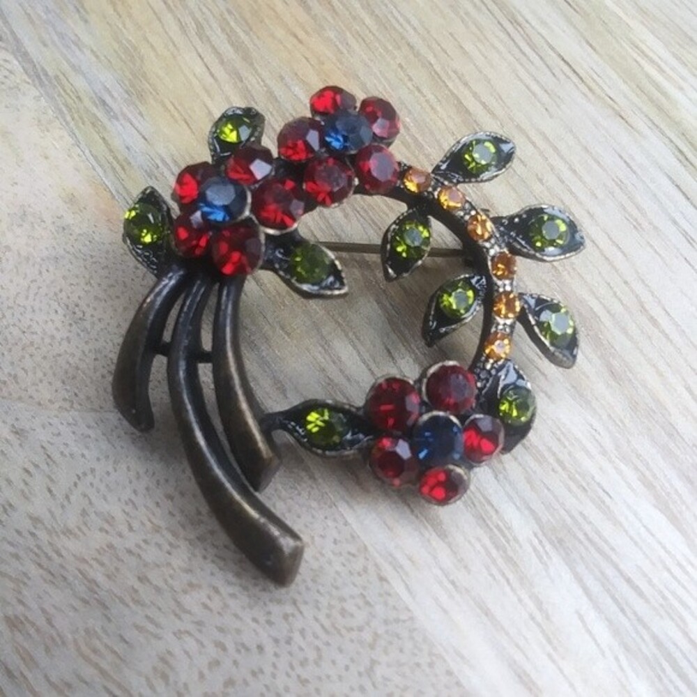 Rhinestone Floral Circle Brooch, Antiqued Bronze with Multicolored Stones